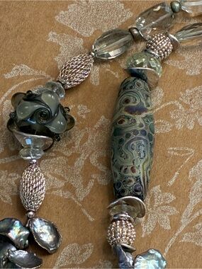 SALE. Iridescent Gray Green Freshwater Pearl, Sterling Silver & Bead Necklace